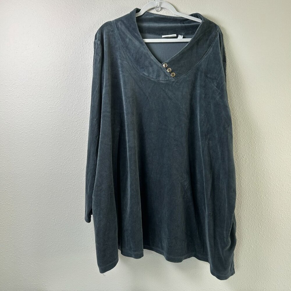 Denim & Co Active Velour Tunic Top Size 5X Gray Button Collar Pullover A371431